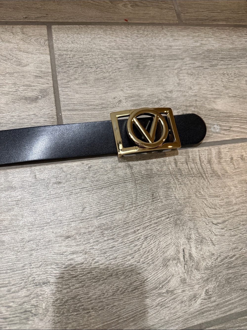 Valentino Black Leather Belt with Gold V Logo Buckle